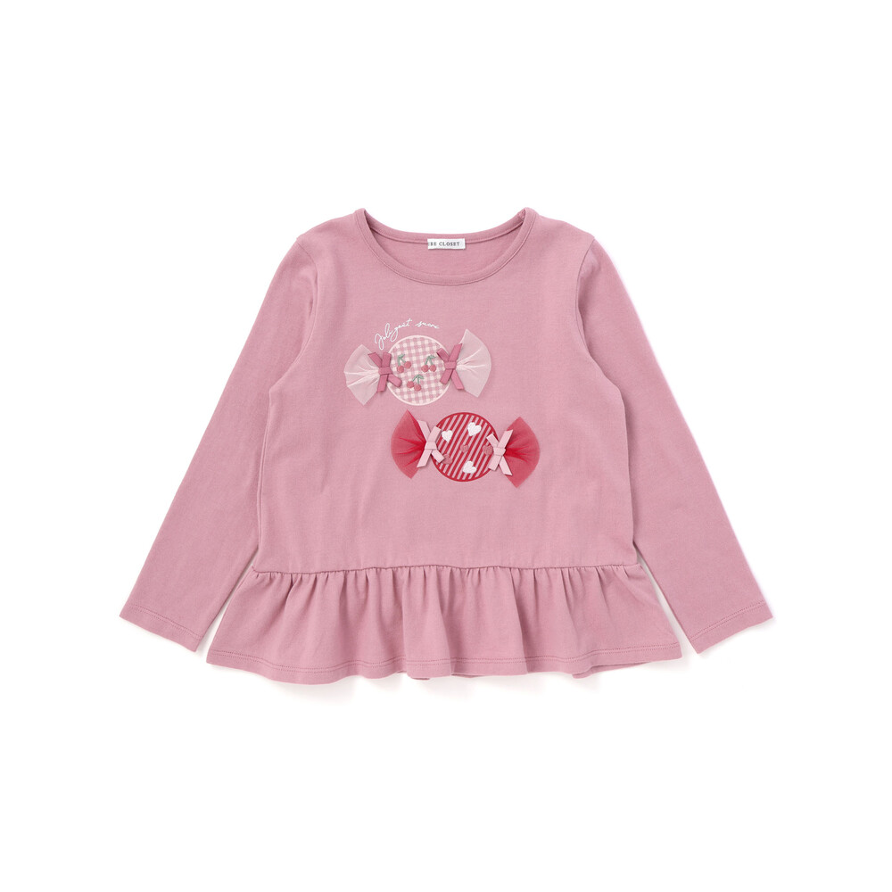 【抗菌・防臭】キャンディプリント裾フリル天竺長袖Tシャツ(90~130cm) ピンク SS(90-100cm)