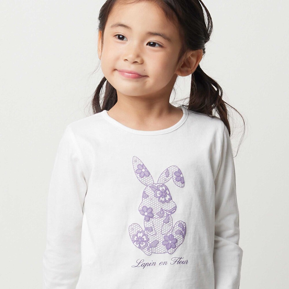 【抗菌・防臭】Rabbitレースプリント裾スカラップ天竺長袖Tシャツ(90~130cm) オフホワイト SS(90-100cm)