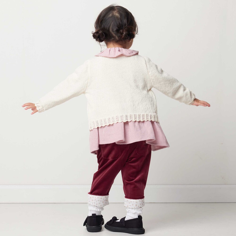 ニットコール裾花柄ロングパンツ(80~90cm) ボルドー 80cm