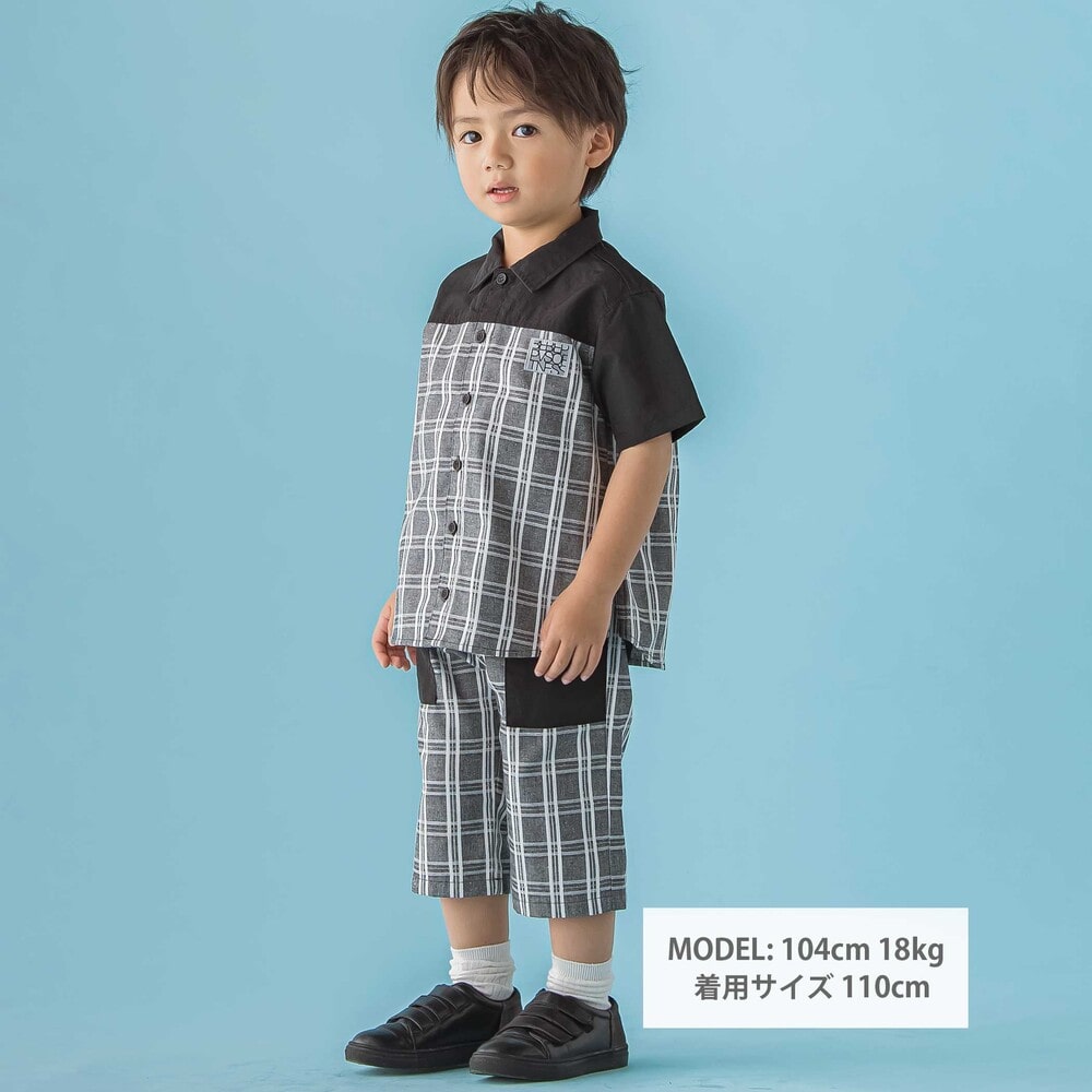 【限定商品】無地×チェックトップス+ショートパンツセットアップ(95~150cm) ブラック系 95cm