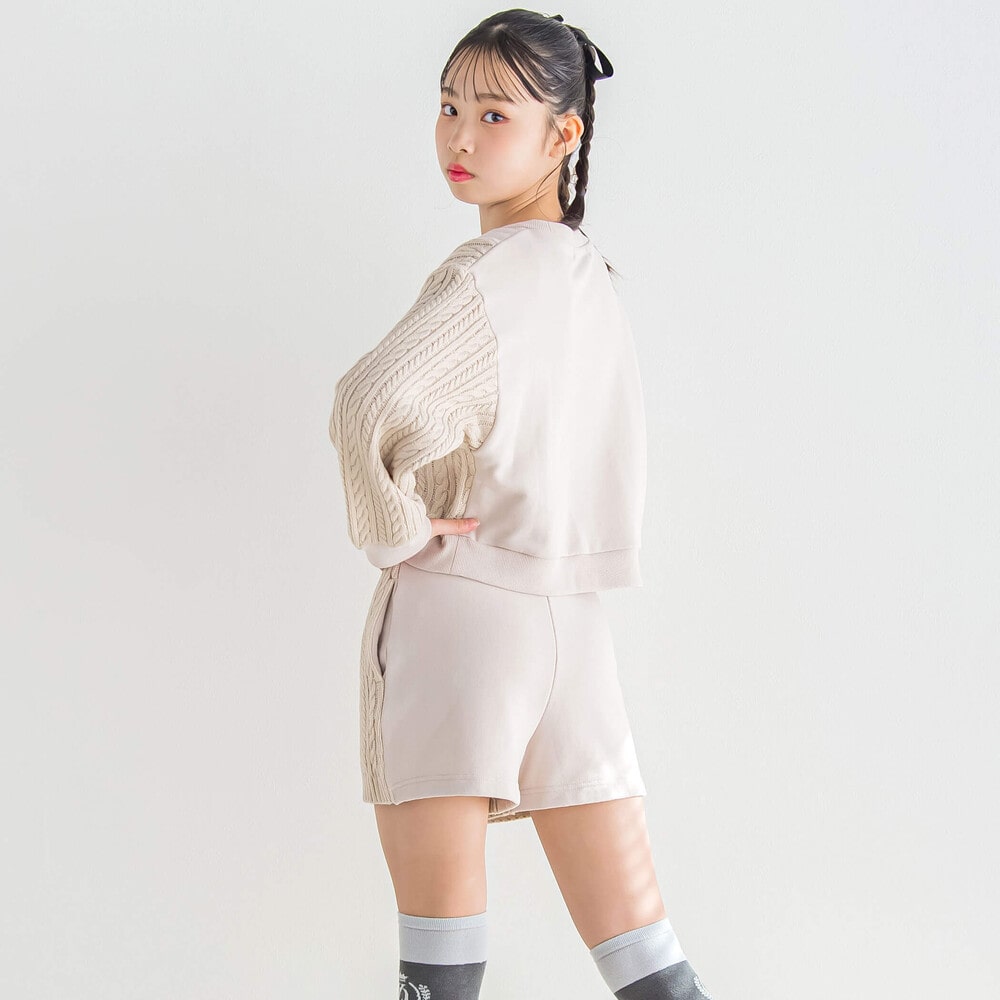 ニット切り替えプルオーバー+ショートパンツセットアップ(130~160cm) ベージュ 140cm