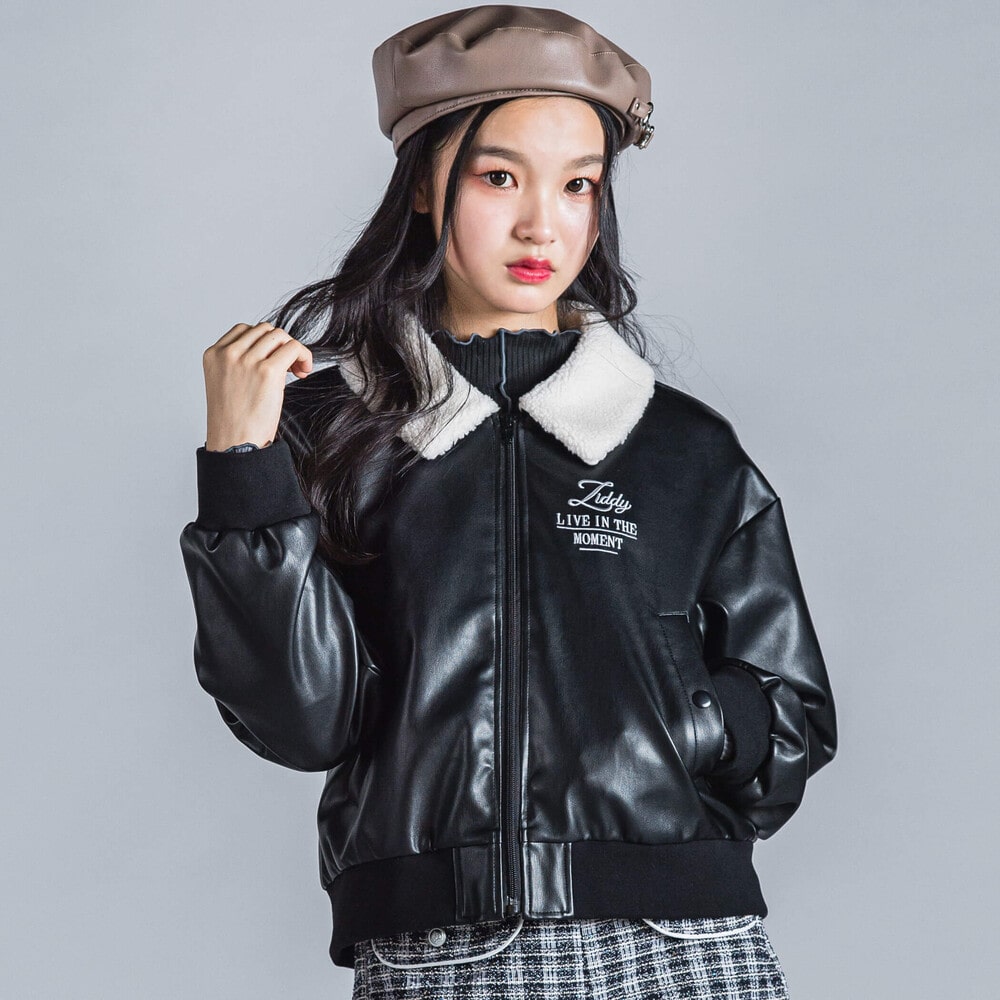 【 ニコ☆プチ 掲載 】ボア襟フェイクレザージップアップブルゾン(130~160cm) ブラック 130cm