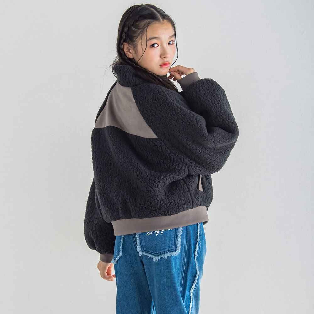 【 ニコ☆プチ 掲載 】ボアスウェード切り替えブルゾン(130~160cm) ブラック 130cm