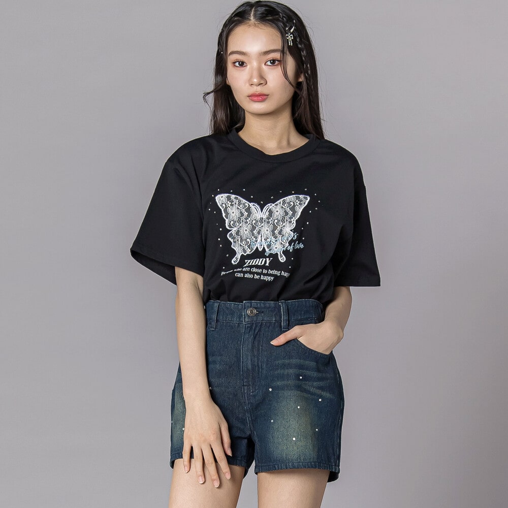 ラインストーンショートデニムパンツ(130~160cm) ネイビー 130cm