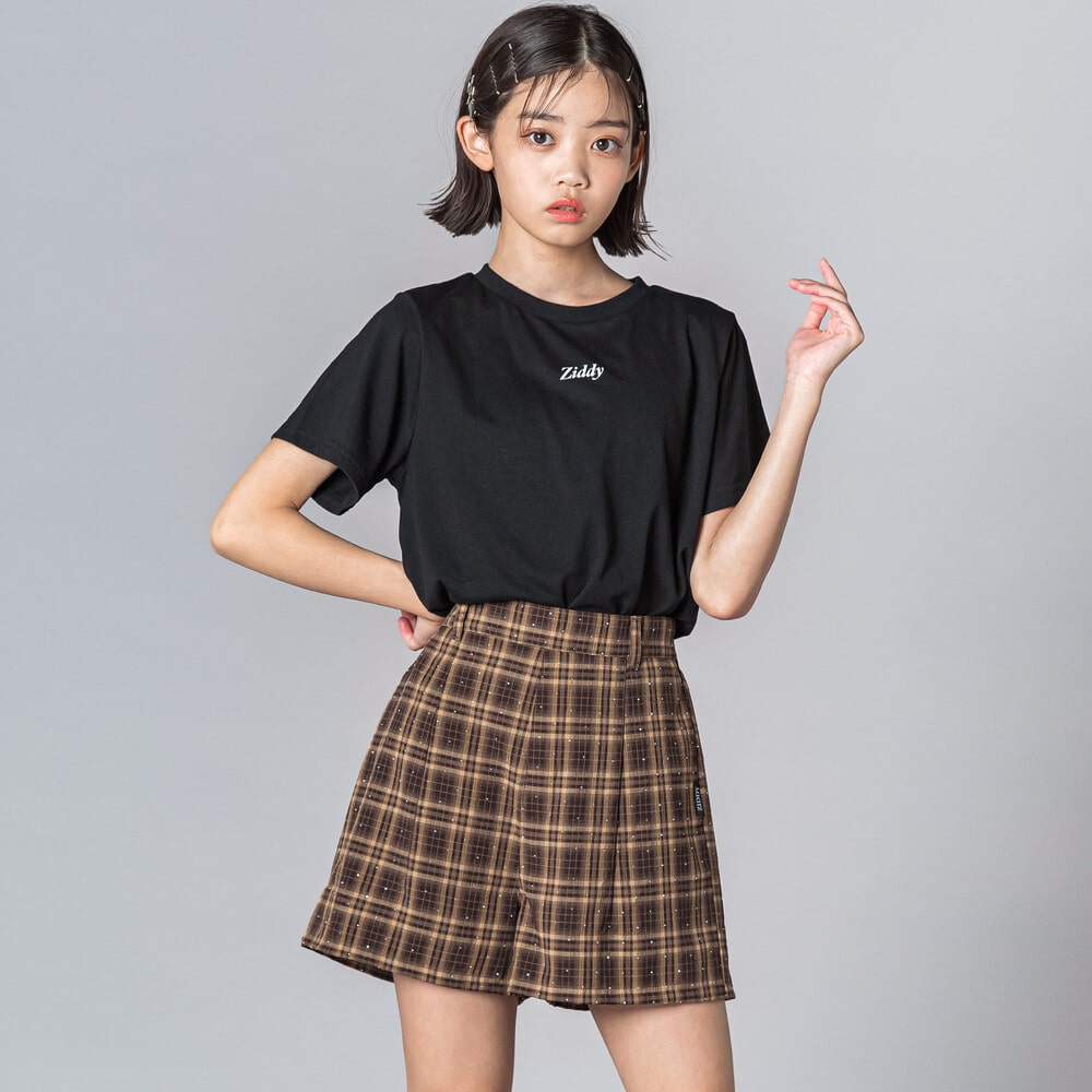 ラインストーンチェックショートパンツ(130~160cm) ブラウン系 130cm