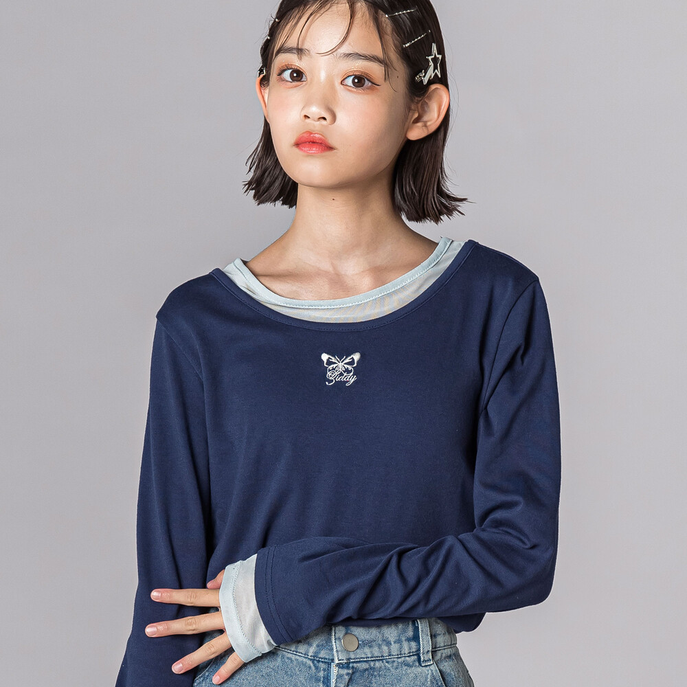 バタフライ刺しゅうシアーレイヤード風長袖トップス(130~160cm) グレー 130cm