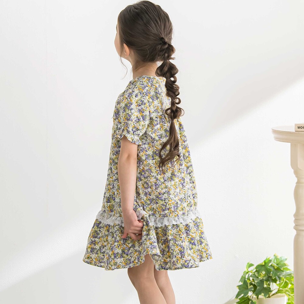 花刺しゅう+花プリントワンピース(95~150cm) パープル系 95cm