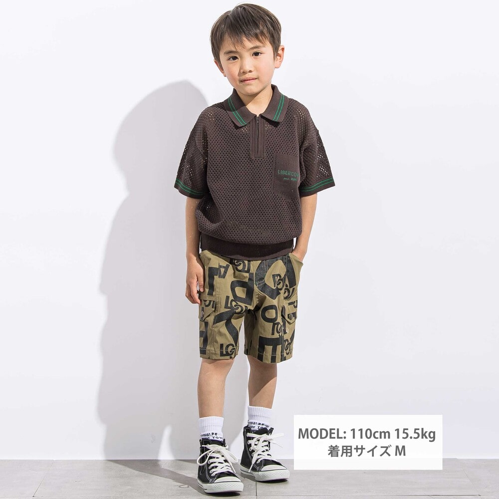 メッシュサマーコットンニットZIPポロシャツ親子お揃い(110~140cm) ブラック M(110~125cm)