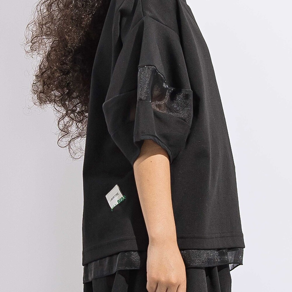 ポンチシアー切り替えポワン袖Tシャツ親子お揃い(110~140cm) ブラック M(110~125cm)