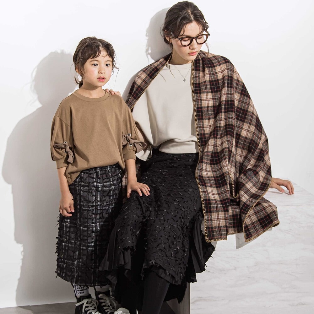 チュールリボンモチーフサイドプリーツスカート 親子お揃い 大人(140~160cm) ブラック S(140~150cm)