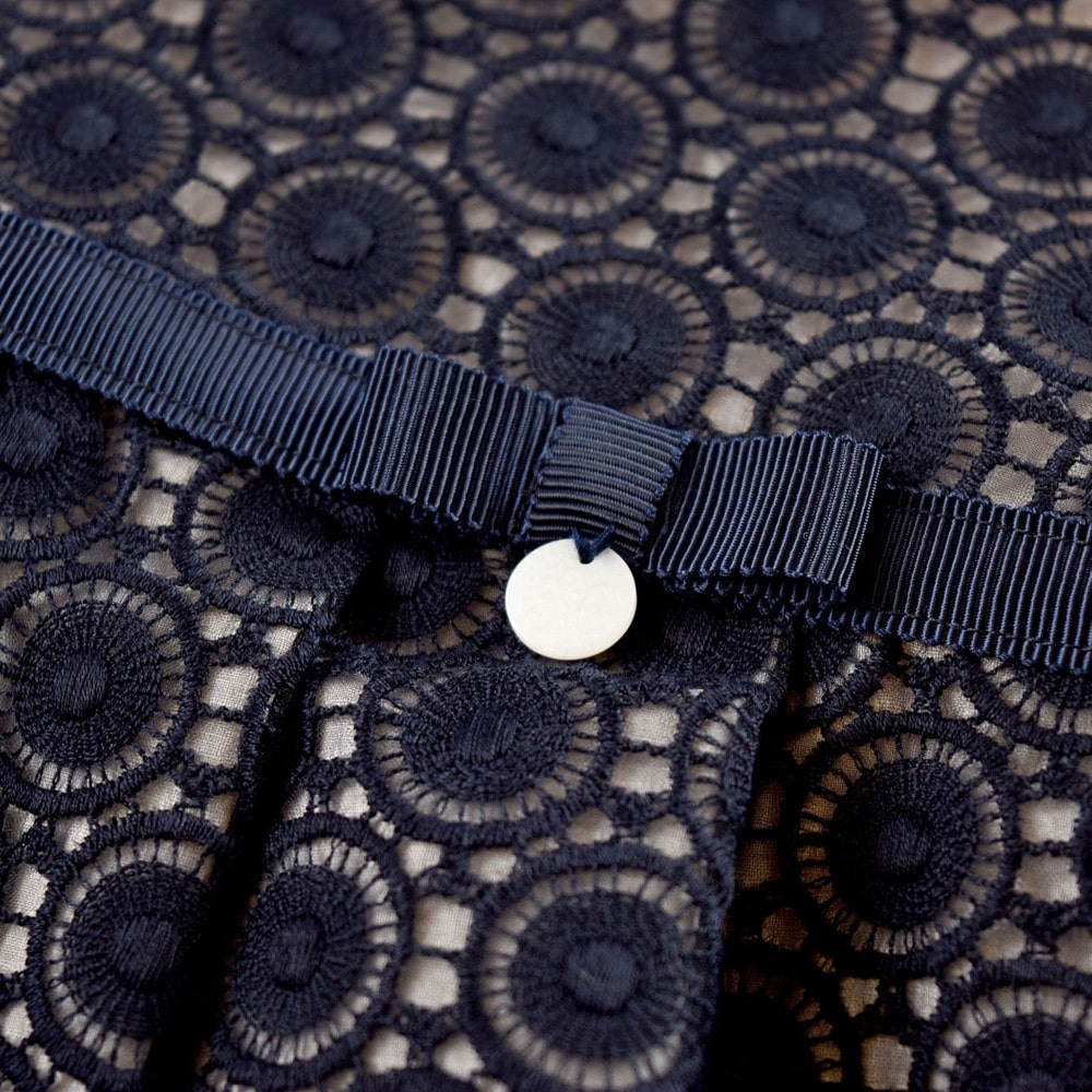 日本製 フォーマル オーガンジー レース リボン Aライン 刺繍 ジャンパースカート ワンピース ドレス (140cm) ネイビー 140cm