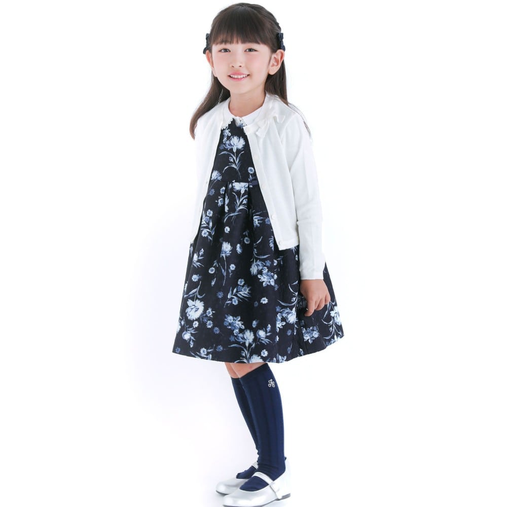 日本製 フォーマル ジャガード 花柄 リボン Aライン ワンピース ジャンパースカート ドレス (80cm~140cm) ネイビー系 80cm