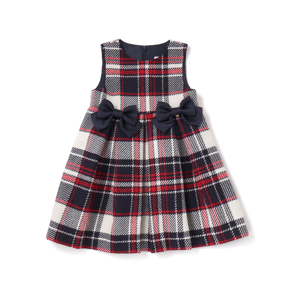 【日本製】【お揃い】ウールチェックサイドリボン付きジャンパースカート(90~140cm) ネイビー系 100cm