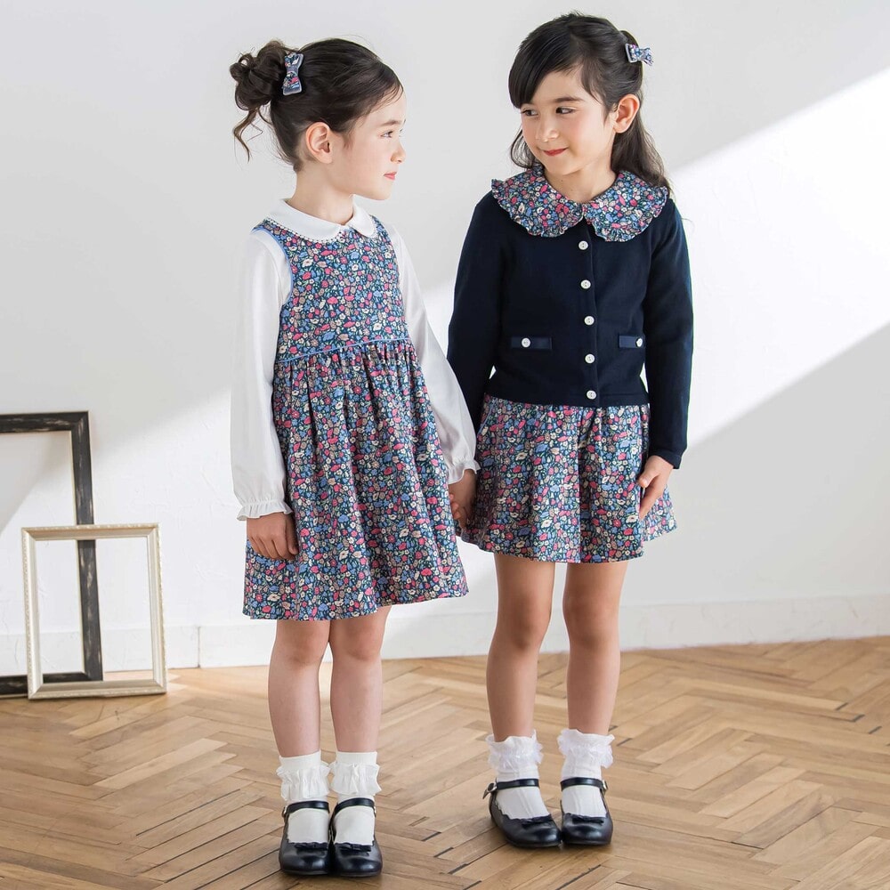 【日本製】【お揃い】リバティプリント(PETAL & DAISY) ジャンパースカート(90~140cm) ネイビー系 90cm