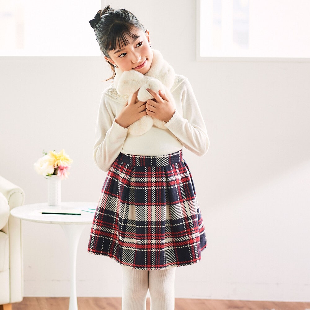 【日本製】【お揃い】ウールチェックフロントタックスカート(100~140cm) ネイビー系 100cm