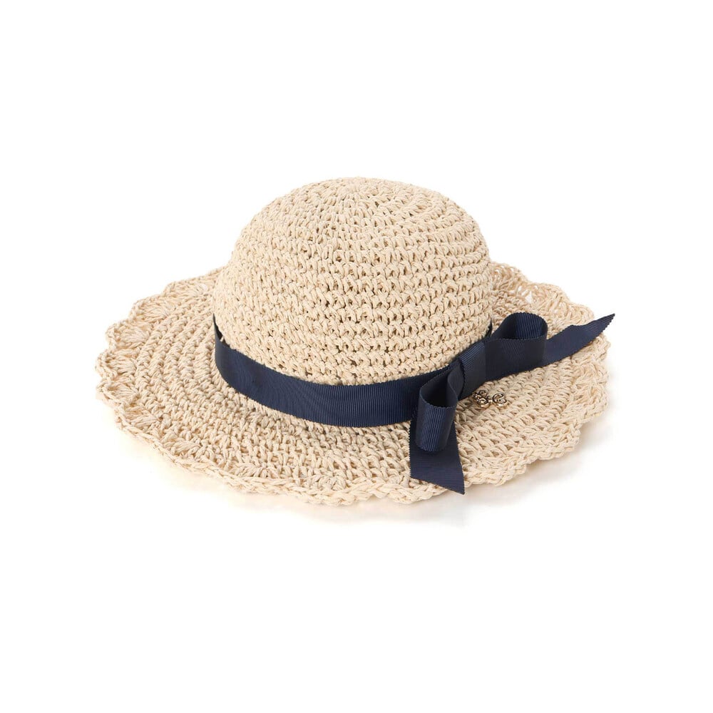 【UVカット】【お揃い】リボン付きブリムスカラップデザインペーパーハット(52~56cm) ネイビー 52cm