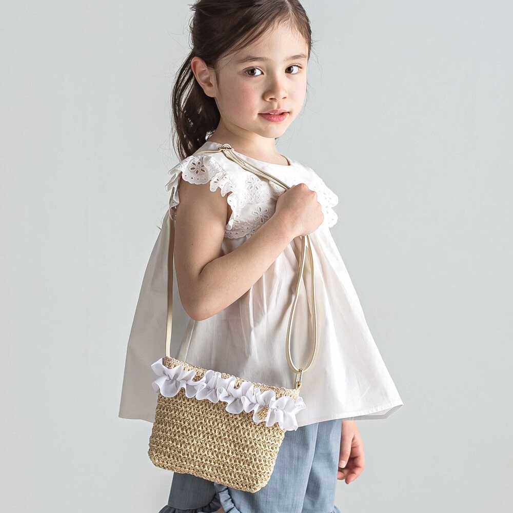 【お揃い】麦わら見えフリルデザイン ペーパーショルダーバッグ ネイビー ワンサイズ