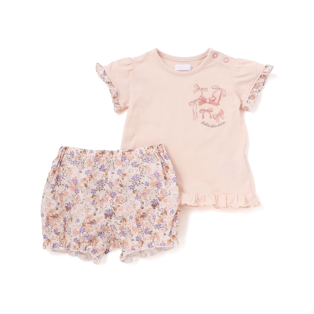 天竺半袖Tシャツ&花柄プリントブルマセット(70~90cm) ピンク系 S(70-80cm)