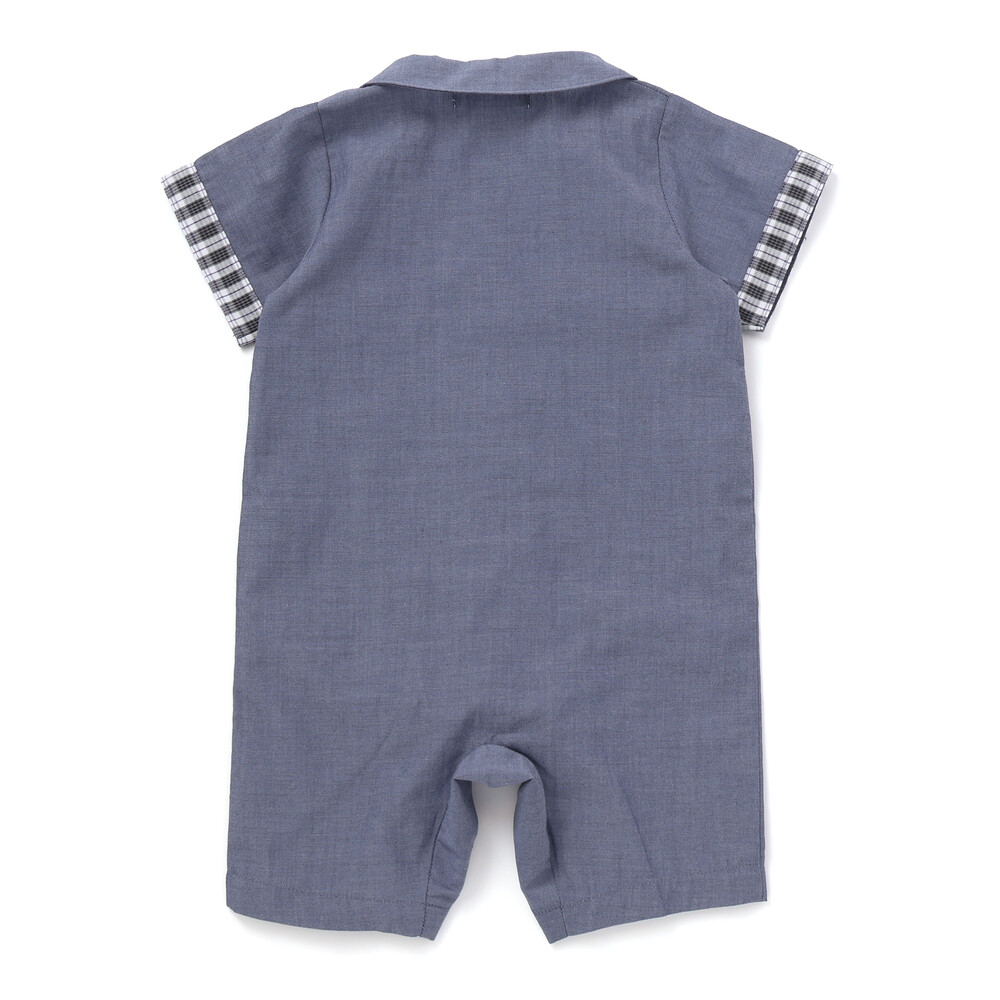 森のどうぶつプリントワッペン付きダンガリー半袖カバーオール(70~80cm) ネイビー 70cm