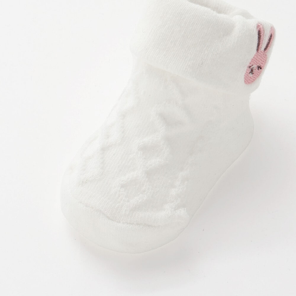【お揃い】折り返しウサギ刺しゅうソックス(8~13cm) オフホワイト 8-10cm