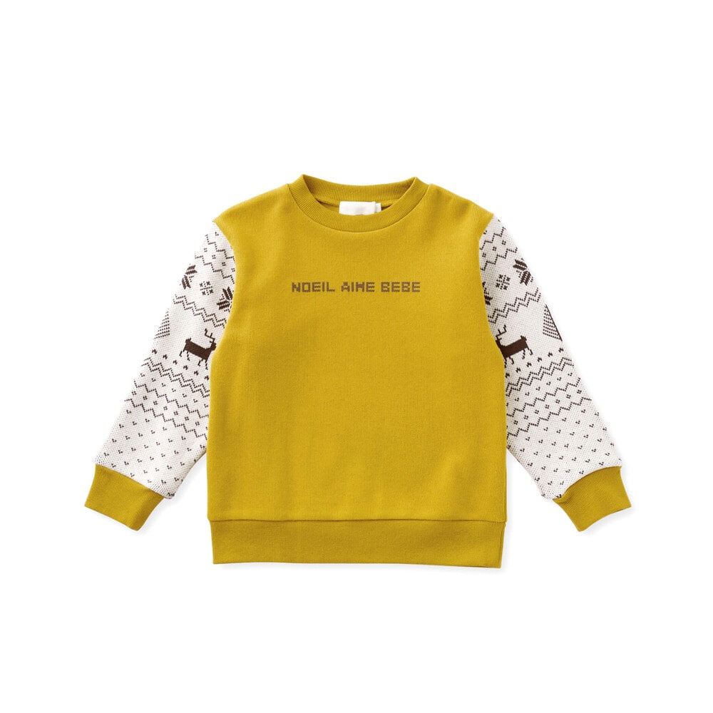 【お揃い】起毛トナカイ柄袖切り替えトレーナー(80~130cm) イエロー 80cm