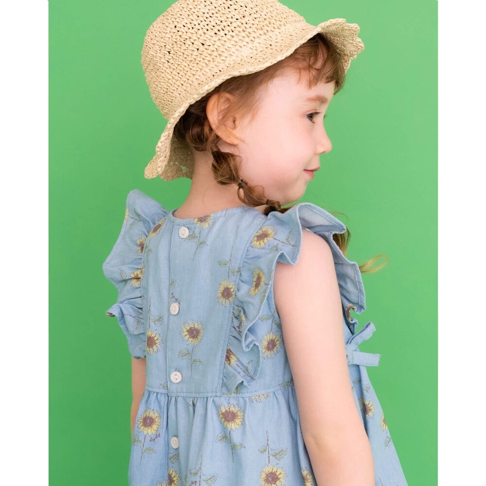 【 お揃い 】 ひまわり 総柄 デニム 布帛 ワンピース (80~130cm) ブルー系 90cm