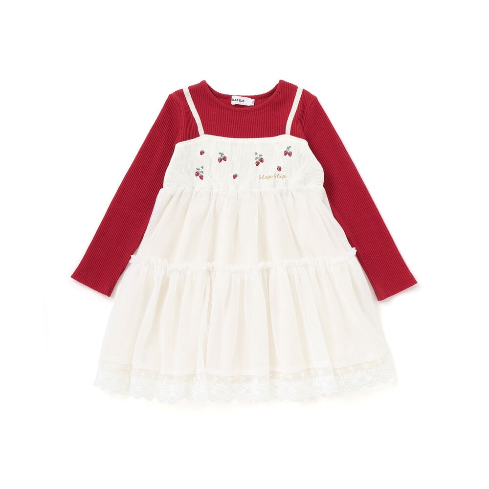 イチゴ刺しゅうフワフワチュールティアードドッキングワンピース(80