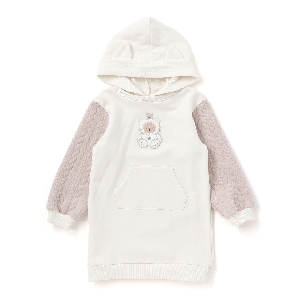 ウサギネコアニマルふわふわパッチ刺しゅう袖切り替えフーディーワンピース(80~130cm) ピンク(ウサギ) 80cm