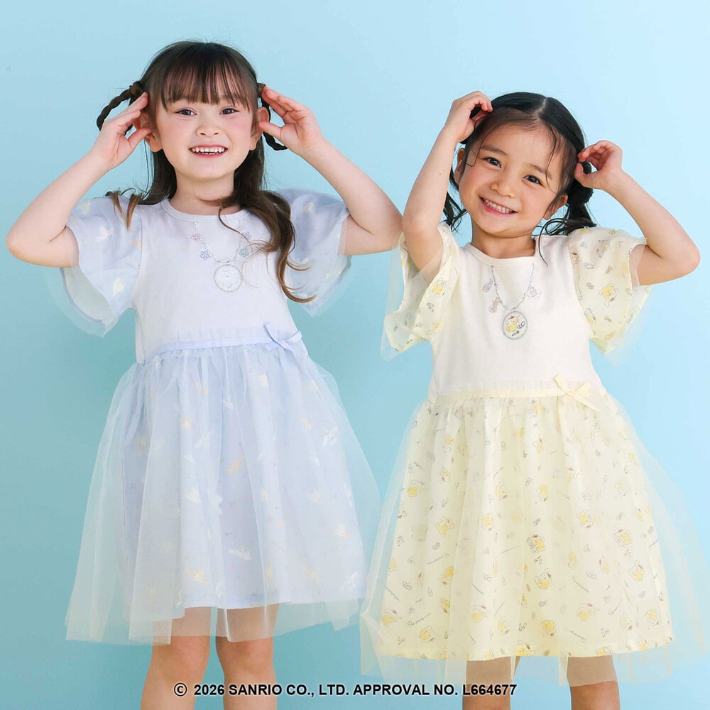 【シナモロール/ポムポムプリン×SLAPSLIP】総柄プリントふわっとチュールフレアワンピース(90~130cm) イエロー 90cm