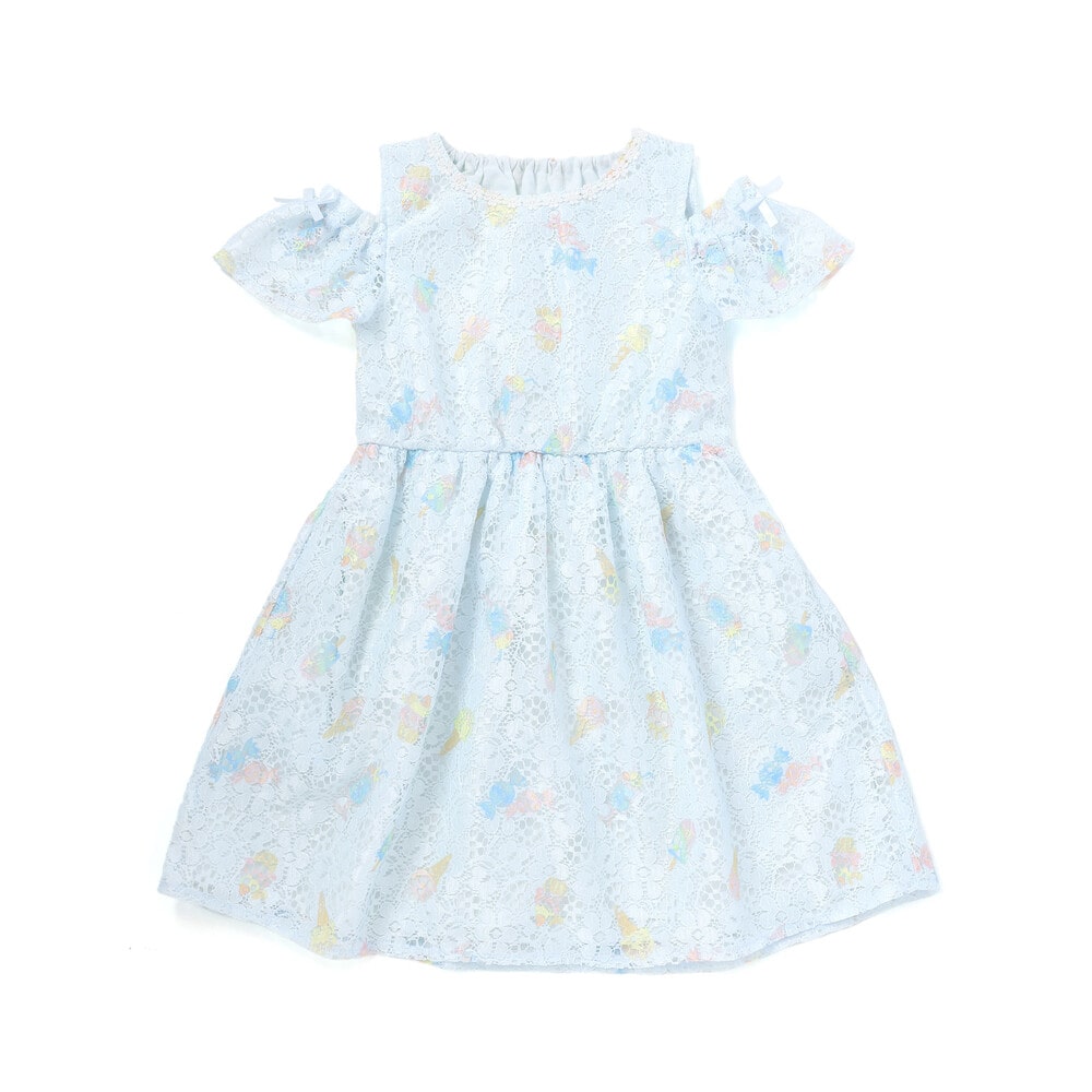 【お揃い】花柄レースアイス総柄肩明きワンピース(90~130cm) ブルー系 90cm