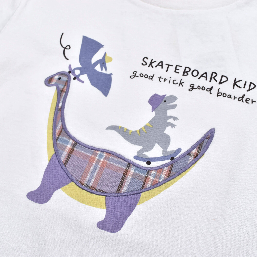 【 ママ想い 】 恐竜 プリント Tシャツ + チェック 6分丈パンツ セット (80~130cm) ホワイト 130cm