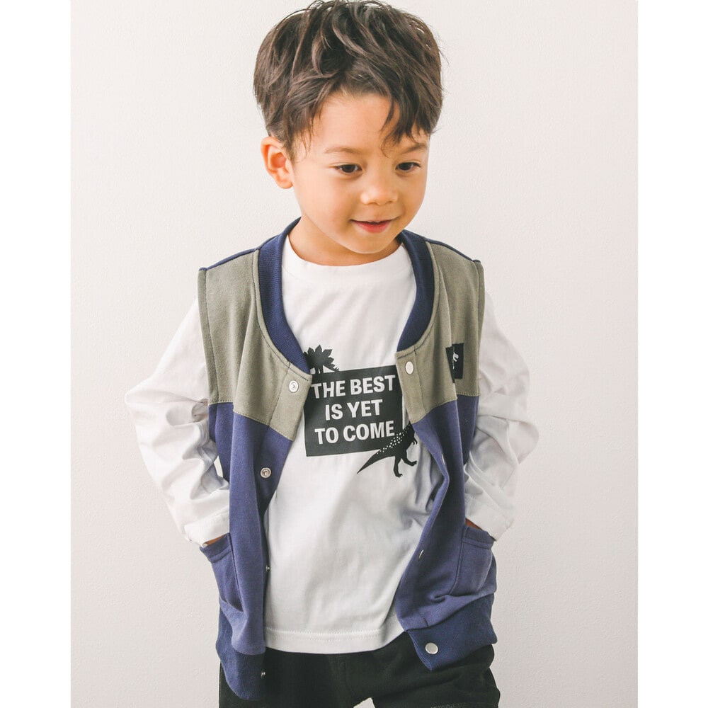 2点セット 恐竜 ロゴ プリント Tシャツ × 配色 切り替え ベスト (80~130cm) ネイビー 100cm