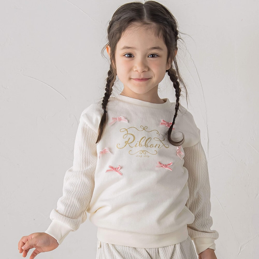 きらめくグリッタープリント切り替えトレーナー+ケーブル編みチェックショートパンツ2点セット(80~130cm) オフホワイト 80cm