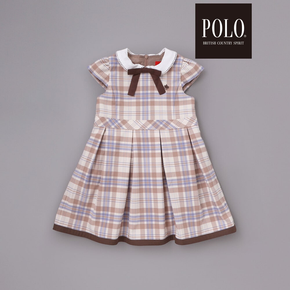 【POLO BCS(ポロ・ビーシーエス)×SLAP SLIPコラボ】袖切り替えジャケット+襟リボン付きチェックワンピース(110~130cm) ベージュ系 110cm