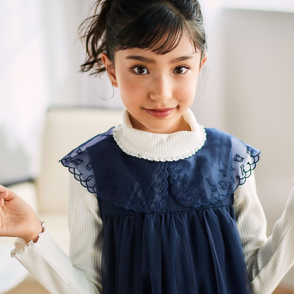 ハート音符刺しゅうオーガンジービッグカラーワンピース(80~130cm) ネイビー 80cm