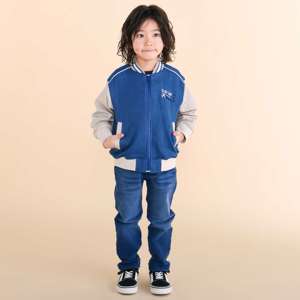 恐竜ロゴ刺しゅうデニム風ニットスタジャン(90~130cm) ブルー 90cm