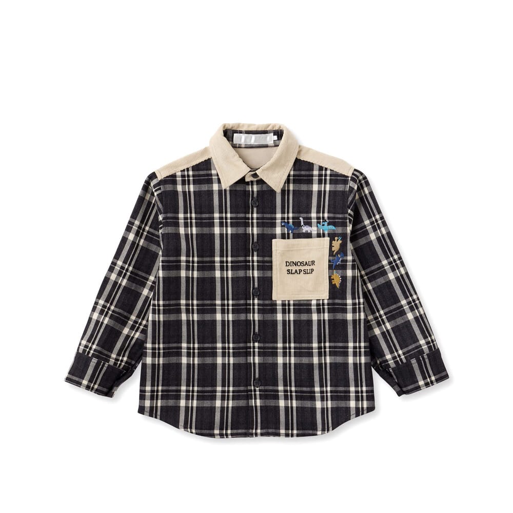 【お揃い】配色コールテン襟付チェック柄シャツ(80~130cm) ブラウン系 80cm