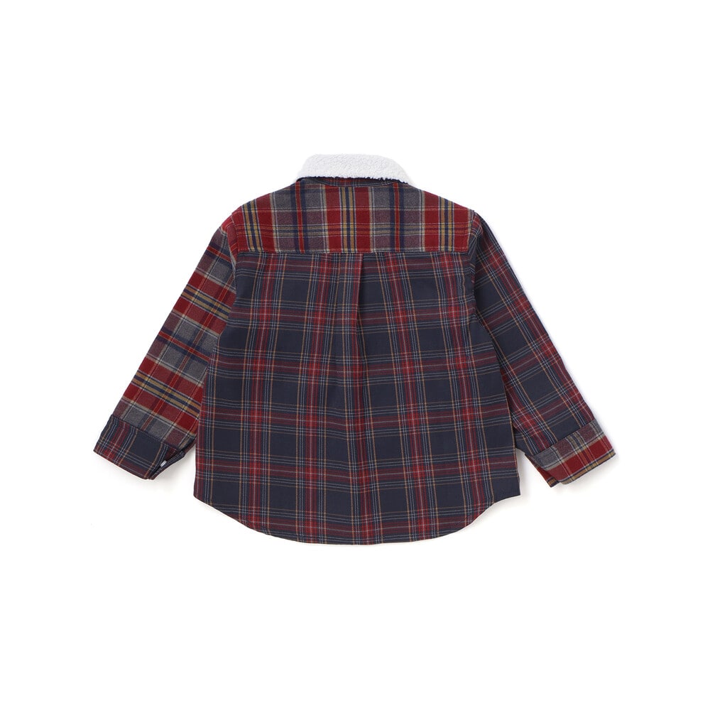 【お揃い】もこもこボア襟切り替えチェックシャツ(90~130cm) ネイビー×レッド系 90cm
