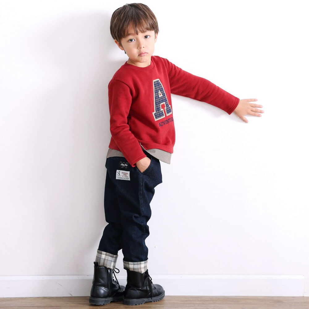 【お揃い】裏起毛チェック切り替えアルファベット刺しゅうトレーナー(80~130cm) オフホワイト 80cm