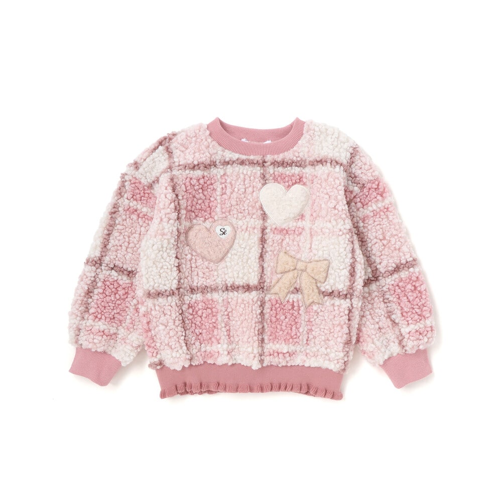 ハートリボンキラキラボアパッチもこもこチェックトレーナー(80~130cm) ブルー系 80cm