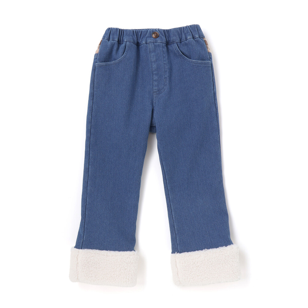 【お揃い】モコモコ裾ボアデニムボンディングパンツ(90~130cm) ブルー 90cm