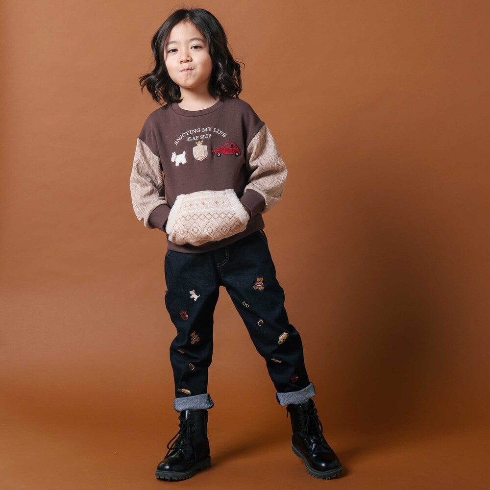 刺しゅう裏起毛ストレッチデニム&ツイルロングパンツ(80~130cm) ベージュ 80cm