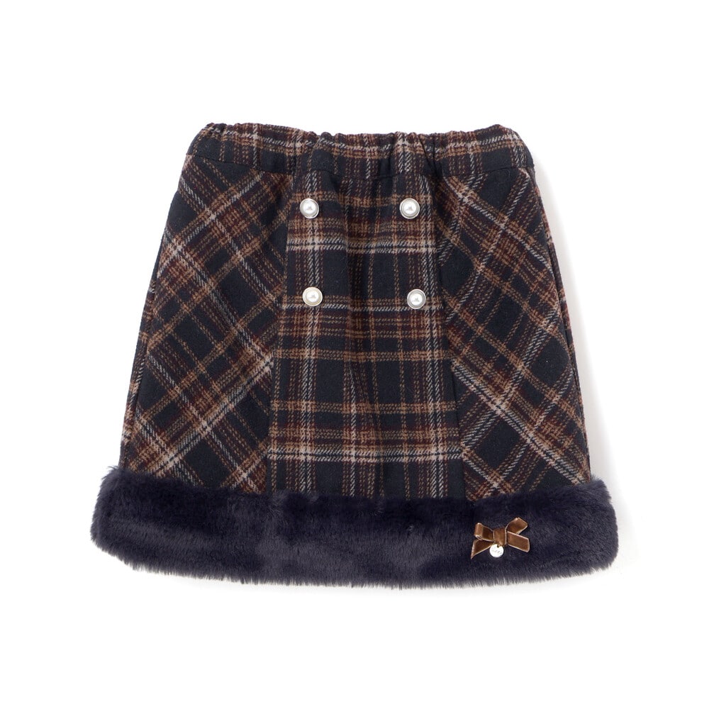 【お揃い】ファー切替チェック台形スカート(90~130cm) グレー系 90cm