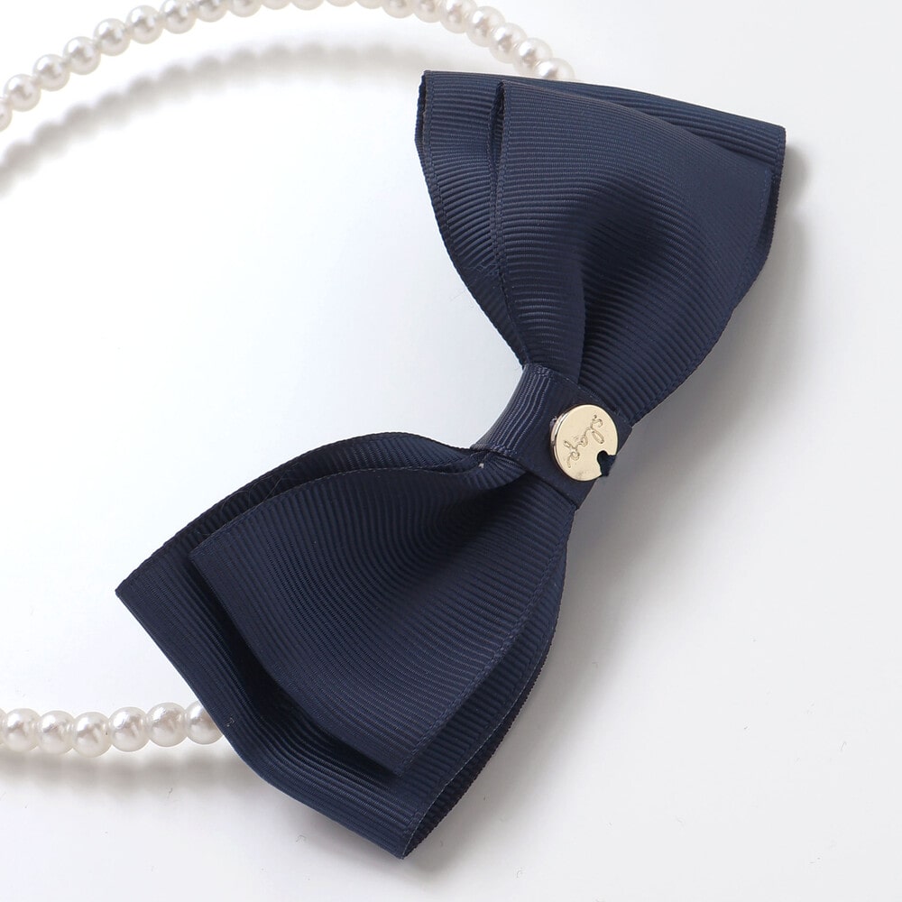 リボン付きパールビーズカチューシャ ネイビー ワンサイズ