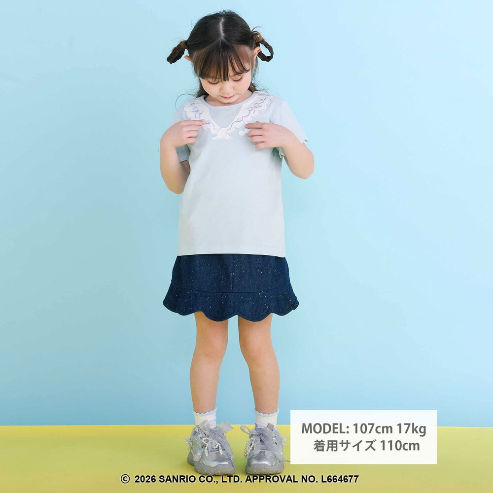 【シナモロール/ポムポムプリン×SLAPSLIP】袖スカラップ耳付きセーラー襟風Tシャツ(90~130cm) オフホワイト 90cm