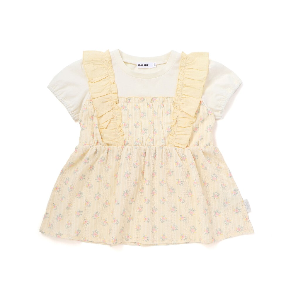 肩フリル花柄レースドッキング半袖Tシャツ(80~130cm) イエロー系 80cm