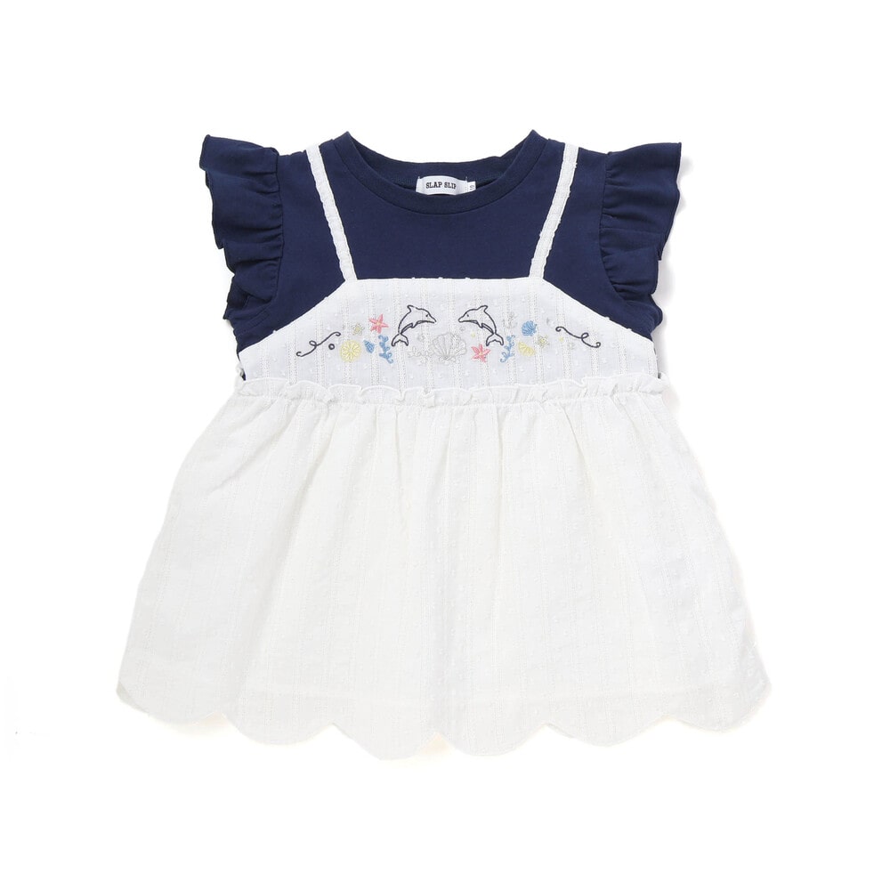 【お揃い】スカラップキャミストライプ&ドビー半袖Tシャツ(80~130cm) ネイビー 80cm