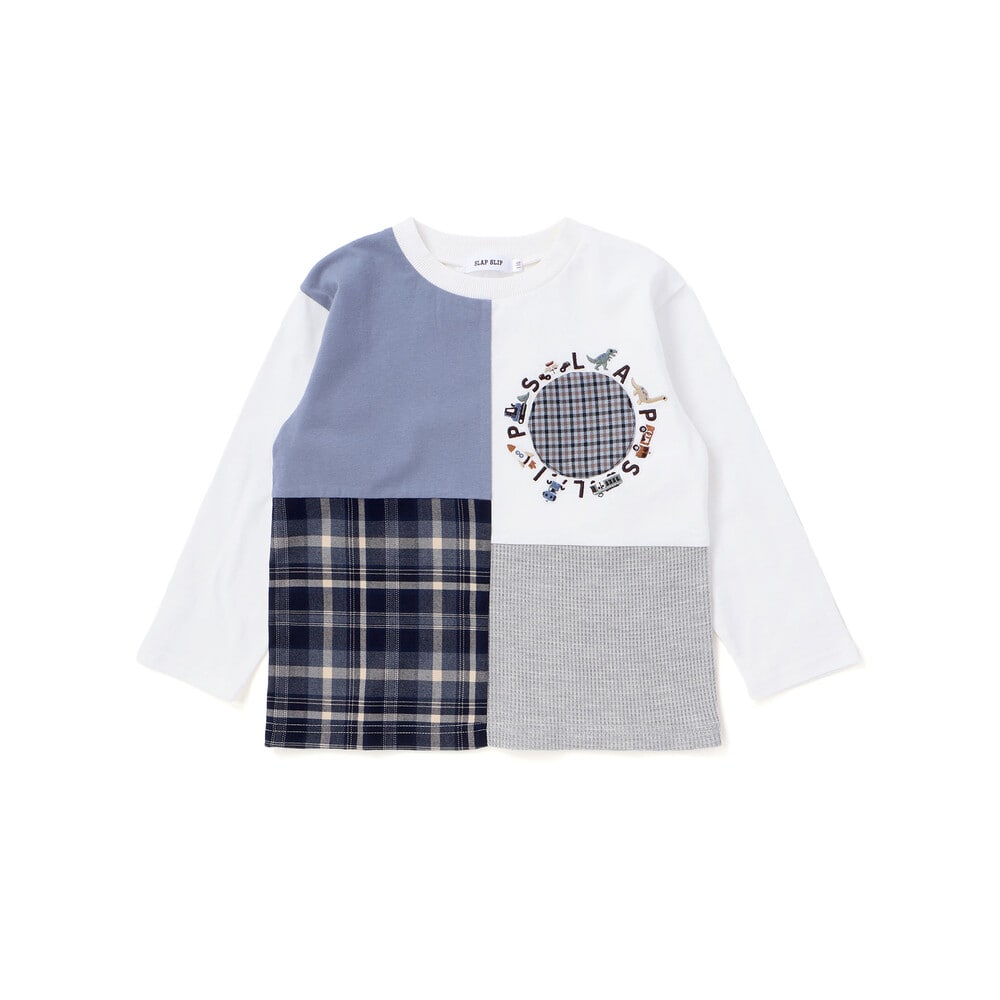 【お揃い】モチーフ刺しゅうチェック切り替え長袖Tシャツ(80~130cm) オフホワイト 80cm