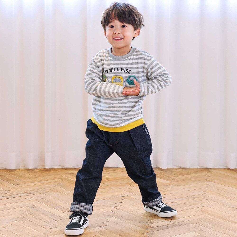 電車モチーフサガラ刺しゅうボーダー柄長袖Tシャツ(80~130cm) ブルー系 80cm