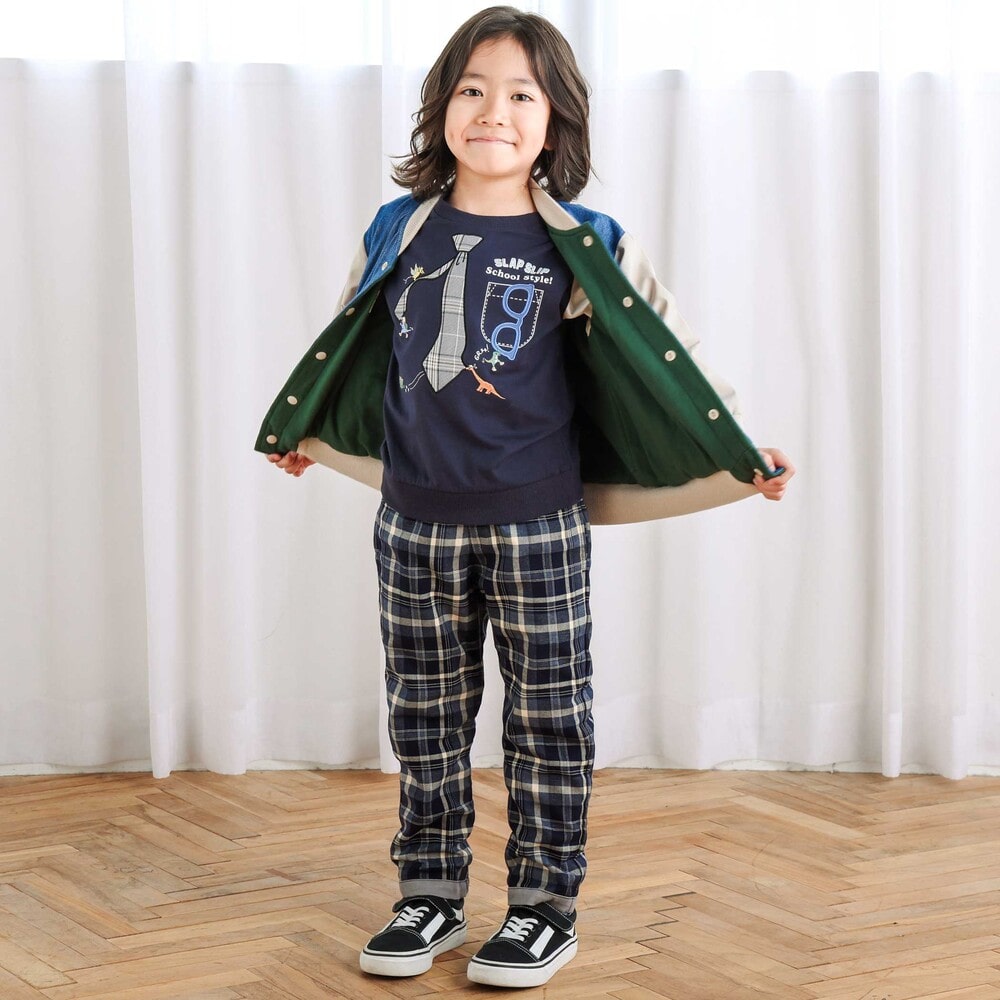ネクタイメガネパッチ袖切り替え長袖Tシャツ(80~130cm) ネイビー 80cm